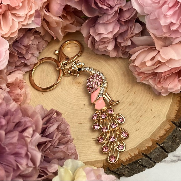 Beautiful Golden and Pink Crystal Peacock Keychain Charm - Picture 7 of 15